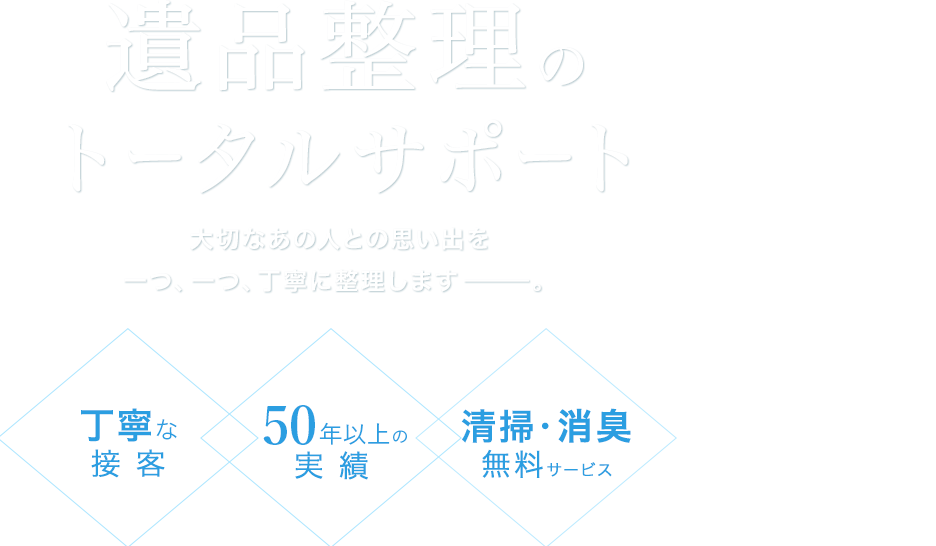 遺品整理のトータルサポート 大切なあの人との思い出を一つ、㆒つ、丁寧に整理します。 丁寧な接 客 45年の実 績 清掃･消臭無料サービス